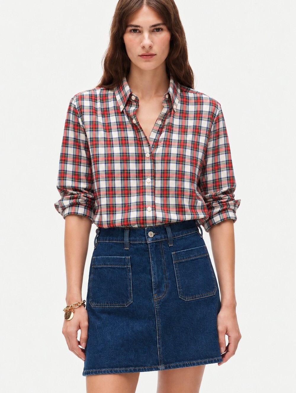 JCREW Button Down Tartan Shirt Stewart Plaid White Red Green Slim Cut Blouse XL
